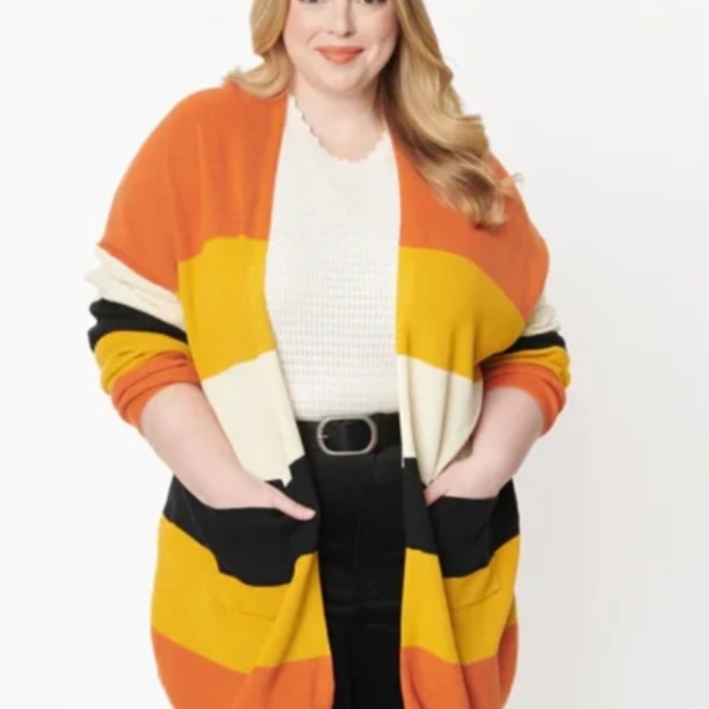 Unique Vintage Candy Corn Cardigan with Pockets - One Size - Plus Size